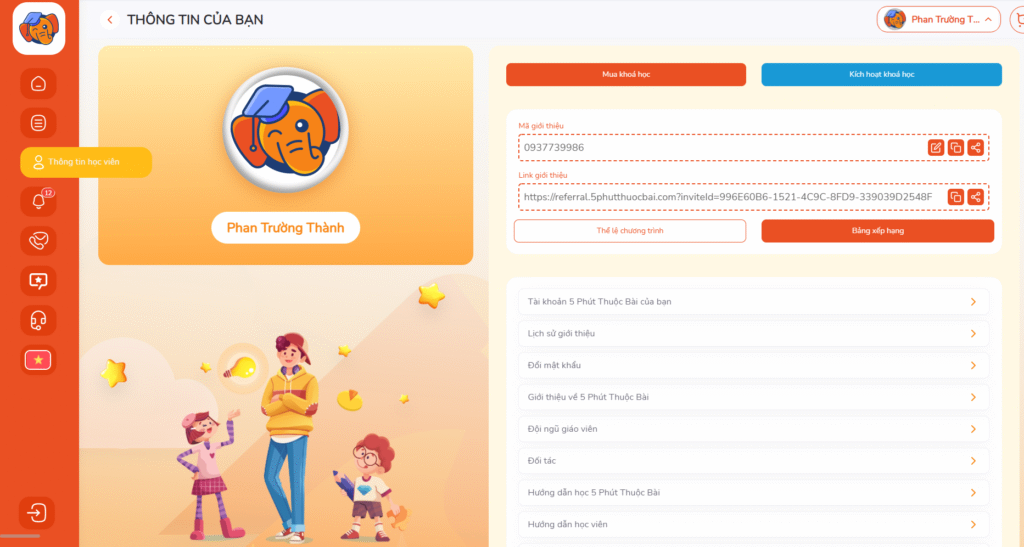 Vào thông tin học viên copy link