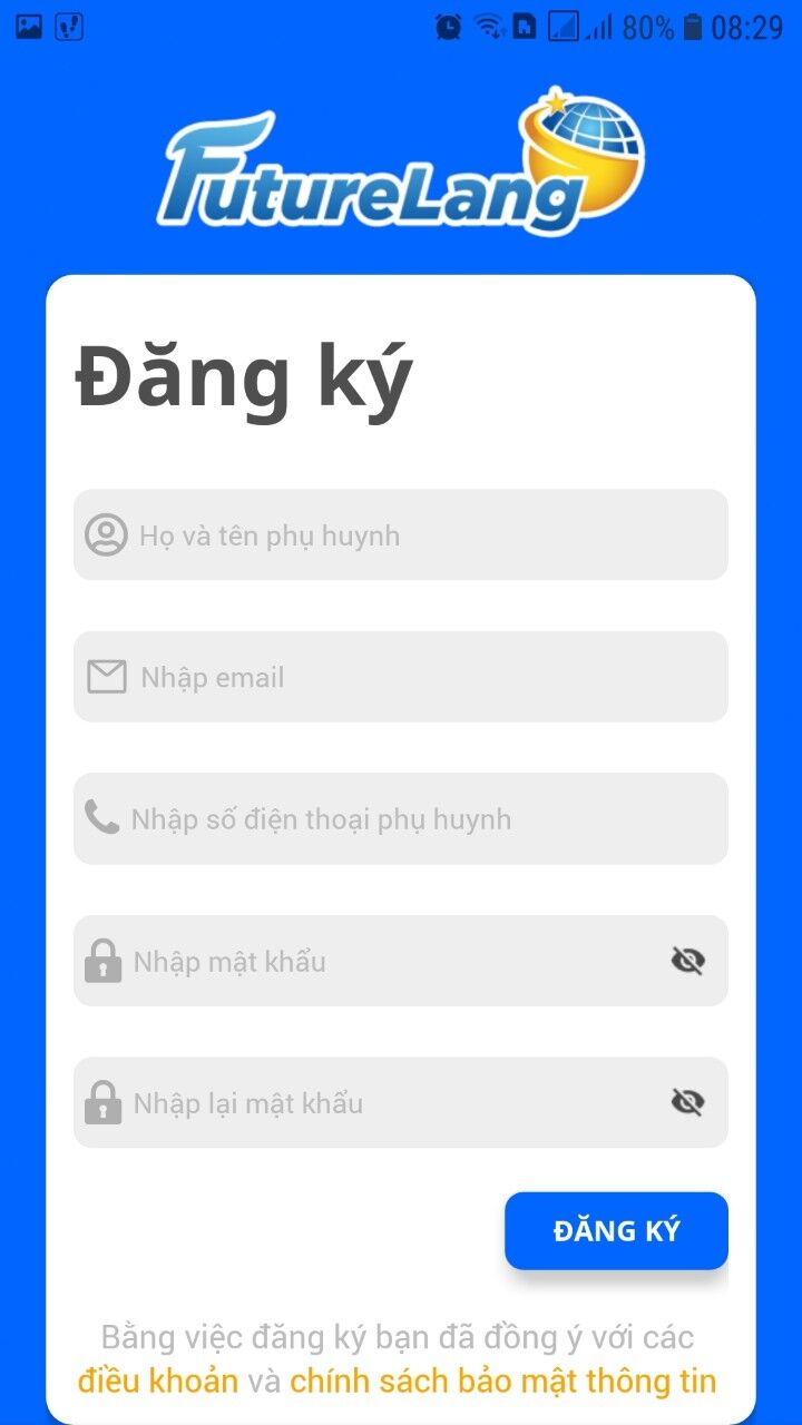 Nhập thông tin khai báo vào app future lang
